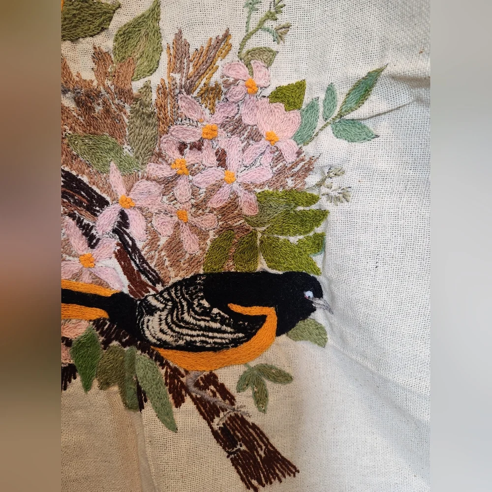 Vintage Finished Hand Made Crewel Embroidery Flower Birds Canvas Unframed 80s